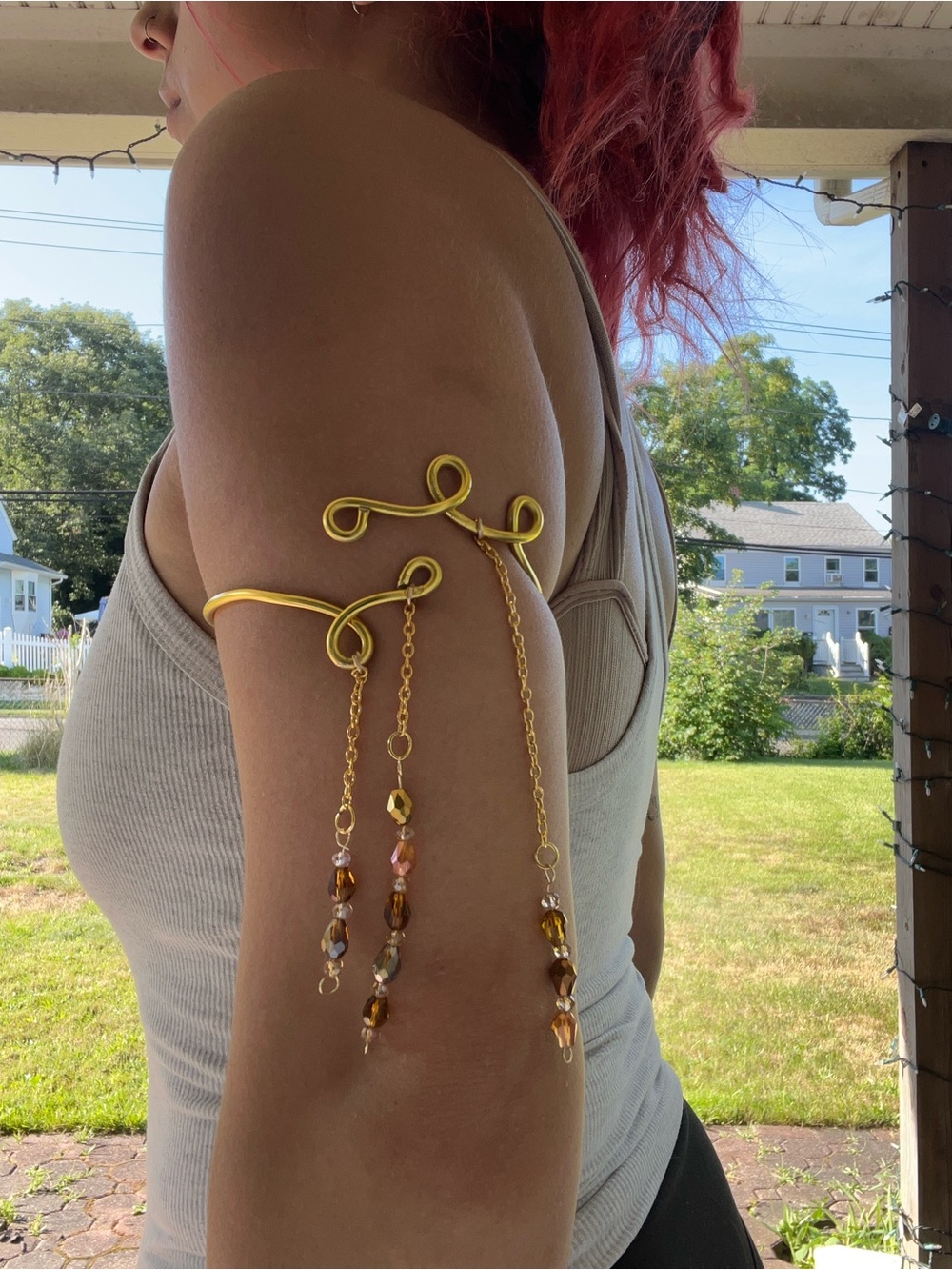 Gold Wire Arm Cuff with Beaded Dangles